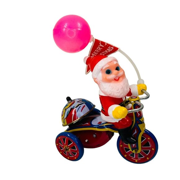 Vintage Christmas Tin Wind-up Santa on Tricycle with a Balloon ~ Works! Korea - Picture 2 of 15